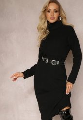 Czarna Dopasowana Sukienka Dzianinowa z Golfem i Wełną Moustie. Czarne sukienki damskie Renee, bez wzorów, z dzianiny, bez ramiączek. W wyprzedaży za 103.99 zł.