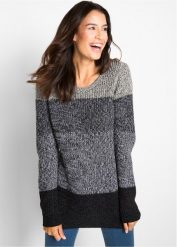 Sweter w szerokie pasy. Szare swetry klasyczne damskie bonprix, bez kołnierzyka. Za 114.99 zł.