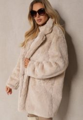 Beżowy Klasyczny Płaszcz Futrzany Vennira. Brązowe płaszcze damskie Renee, l, bez wzorów, z futra, bez kaptura. Za 189.99 zł.