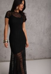 Czarna Wieczorowa Sukienka z Siateczki z Wiskozą na Krótki Rękaw Chareino. Czarne sukienki damskie Renee, bez wzorów, z tkaniny, wizytowe, bez ramiączek. Za 179.99 zł.