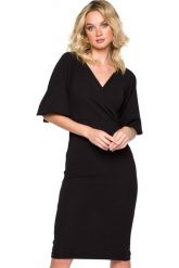 Elegancka sukienka ołówkowa z dekoltem V i bufiastymi rękawami czarna. Czarne sukienki damskie Makover, bez wzorów, eleganckie, bez ramiączek. Za 369.00 zł.