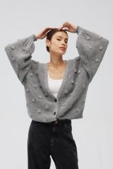 Kardigan zapinany na guziki w kolorze GREY - BUBLE-UNI. Szare kardigany damskie Marsala, uniwersalny, bez wzorów, z jeansu. Za 349.90 zł.