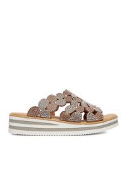 Rieker Klapki CEO-V02R8-90 Złoty. Żółte klapki damskie Rieker, bez wzorów, z materiału, bez obcasa, bez zapięcia. Za 319.99 zł.