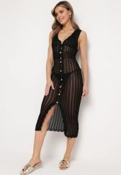 Czarna Plażowa Sukienka Bodycon z Ażurowej Tkaniny Zapinana na Guziki Kyren. Czarne sukienki damskie Born2be, w ażurowe wzory, z tkaniny, bez ramiączek. Za 149.99 zł.