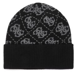 Czapka Guess. Czarne czapki damskie Guess, na zimę, z aplikacjami. Za 194.99 zł.