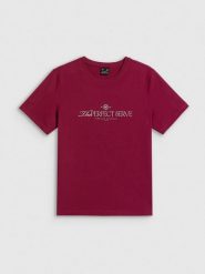 4F T-shirt relaxed z nadrukiem damski - burgundowy S. Czerwone t-shirty damskie 4F, s, bez wzorów, z bawełny, bez kołnierzyka. Za 79.99 zł.