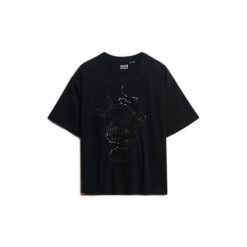 Koszulka oversize z fantazyjnym efektem tatuażu dla kobiet Superdry. Czarne bluzki damskie Superdry, bez wzorów, bez kołnierzyka, bez ramiączek. W wyprzedaży za 141.75 zł.