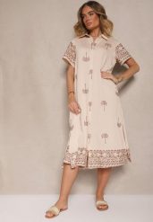 Beżowa Sukienka z Wiskozą o Pudełkowym Kroju z Kołnierzykiem z Haftem Sanavelle. Brązowe sukienki damskie Renee, bez wzorów, z wiskozy, eleganckie, bez ramiączek. W wyprzedaży za 99.99 zł.