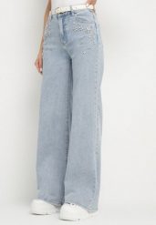 Jasnoniebieskie Jeansy w Wysokim Stanem i Szeroką Nogawką Zdobione Cyrkoniami Palinthia. Niebieskie jeansy damskie Born2be, z aplikacjami, z jeansu. Za 129.99 zł.