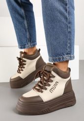 Beżowo-Brązowe Sneakersy na Platformie Ocieplane Futrem Leanelitia. Brązowe obuwie sportowe damskie Born2be, z jeansu, bez zapięcia. Za 109.99 zł.