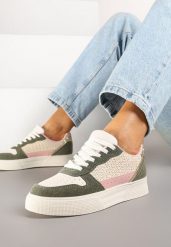 Beżowo-Zielone Sneakersy na Platformie Ozdobione Plecionką Perforacją i Brokatem Tulreia. Brązowe obuwie sportowe damskie Renee, z jeansu, bez zapięcia. Za 79.99 zł.