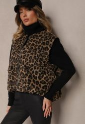 Brązowa Kamizelka z Dodatkiem Lnu Oversize w Panterkę Enarielin. Brązowe kamizelki damskie Renee, l, bez wzorów, z jeansu, bez kaptura. Za 119.99 zł.