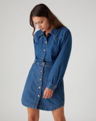 SUKIENKA JEANSOWA WRANGLER PUFF SLEEVE WESTERN MID INDIGO W9P4LLX8E 112132455. Niebieskie sukienki damskie Wrangler, bez wzorów, z jeansu, bez ramiączek. Za 269.99 zł.