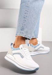 Biało-Niebieskie Sznurowane Sneakersy na Grubej Podeszwie z Cekinami i Brokatem Zallie. Białe obuwie sportowe damskie Renee, bez zapięcia. Za 79.99 zł.