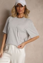 Jasnoszara Koszulka T-shirt z Naszytą Kieszonką TLanitra. Szare bluzki damskie Renee, l, bez wzorów, z jeansu, bez kołnierzyka, bez ramiączek. Za 39.99 zł.