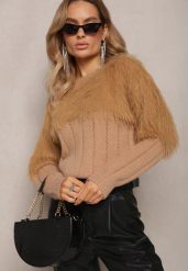 Brązowy Puchaty Sweter o Klasycznym Fasonie Fruve. Brązowe swetry klasyczne damskie Renee, z wiskozy, bez kołnierzyka. Za 84.99 zł.