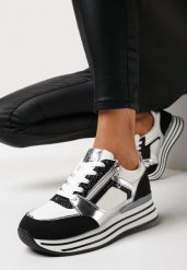 Czarne Sneakersy na Grubej Podeszwie z Brokatem i Metalicznymi Wstawkami Aeliss. Czarne obuwie sportowe damskie Born2be, bez zapięcia. Za 119.99 zł.