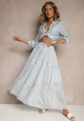 Jasnoniebieska Rozkloszowana Spódnica z Wiskozą Zdobiona Koronką Bannela. Niebieskie spódnice damskie Renee, na co dzień, m, z aplikacjami, z koronki, eleganckie, maxi. Za 89.99 zł.