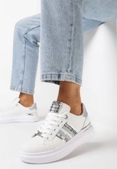 Biało-Srebrne Sneakersy na Platformie z Brokatowymi Wstawkami Railawa. Białe obuwie sportowe damskie Born2be, z materiału, bez zapięcia. Za 89.99 zł.