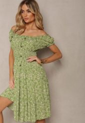 Jasnozielona Bawełniana Sukienka na Lato o Fasonie Hiszpanki z Gumką w Talii Ledas. Zielone sukienki damskie Renee, bez wzorów, z bawełny, eleganckie, bez ramiączek. W wyprzedaży za 29.99 zł.