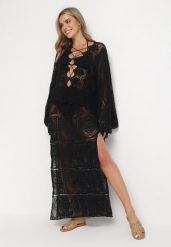 Czarna Szydełkowa Sukienka Maxi z Wiązaniem Vaskoppe. Czarne sukienki damskie Born2be, bez wzorów, z tkaniny, bez ramiączek. Za 329.99 zł.