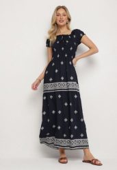 Granatowa Sukienka z Wiskozy ze Wzorem Boho Ellirose. Niebieskie sukienki damskie Born2be, z aplikacjami, z wiskozy, boho, bez ramiączek. Za 99.99 zł.