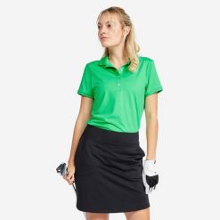 Koszulka polo do golfa damska z krótkim rękawem Inesis WW500. Zielone bluzki damskie INESIS, m, bez wzorów, z dżerseju, sportowe, bez kołnierzyka, bez ramiączek. W wyprzedaży za 49.99 zł.