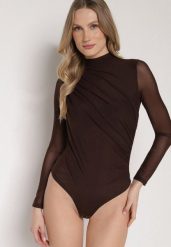 Brązowe Siateczkowe Body z Dodatkiem Wiskozy z Długim Rękawem i Stójką Lianasia. Brązowe body i gorsety Born2be, bez wzorów, z jeansu. Za 99.99 zł.