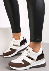 Biało-Brązowe Sznurowane Sneakersy z Ozdobnymi Wstawkami i Koturnem Zharo. Białe obuwie sportowe damskie Renee, z jeansu, bez zapięcia. Za 119.99 zł.