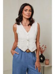 Le Monde du Lin Lniana kamizelka w kolorze kremowym rozmiar: 40/42. Brązowe kamizelki damskie Le Monde du Lin, bez wzorów, ze lnu, bez kaptura. Za 141.95 zł.