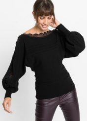 Sweter z dzianiny o gładkim splocie drobnych oczek. Czarne swetry klasyczne damskie bonprix, z dzianiny, bez kołnierzyka. Za 119.99 zł.