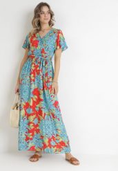 Niebiesko-Czerwona Kopertowa Sukienka Maxi z Gumką w Pasie w Kwiaty z Wiskozy Aryna. Niebieskie sukienki damskie Born2be, bez wzorów, z materiału, bez ramiączek. Za 129.99 zł.