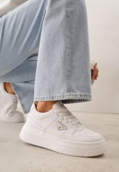 Białe Sneakersy VICES na Grubej Podeszwie z Trójkątną Aplikacją Meanata. Białe obuwie sportowe damskie Born2be, z jeansu, bez zapięcia. Za 99.99 zł.