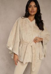 Beżowe Futerkowe Ponczo Ozdobione Paskiem Monareva. Brązowe swetry klasyczne damskie Renee, z jeansu, bez kołnierzyka. Za 269.99 zł.