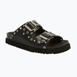 Klapki damskie Scholl Beatriz Ring Leather. Czarne klapki damskie Scholl, bez wzorów, z materiału, bez obcasa, bez zapięcia. Za 549.99 zł.