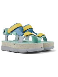 Camper Skórzane sandały w kolorze turkusowo-żółto-błękitnym na obcasie rozmiar: 38. Niebieskie sandały damskie Camper, bez wzorów, ze skóry, z otwartym noskiem, bez obcasa, na koturnie, bez zapięcia. Za 260.99 zł.