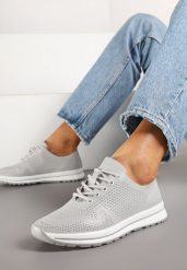 Szare Buty Sportowe ze Skóry Naturalnej ze Skórzaną Wkładką i Perforacją Selili. Szare obuwie sportowe casual damskie Born2be, z jeansu. Za 159.99 zł.