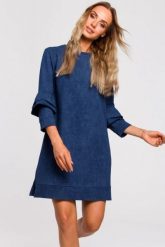 Sukienka trapezowa z bawełnianej dzianiny z nadrukiem jak jeans. Niebieskie sukienki damskie Sukienki.shop, bez wzorów, z bawełny, biznesowe, bez ramiączek. Za 149.00 zł.