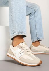 Jasnobeżowe Sneakersy z Geometrycznym Wzorem i Metaliczną Wstawką Zolio. Brązowe obuwie sportowe damskie Renee, z jeansu, bez zapięcia. Za 79.99 zł.