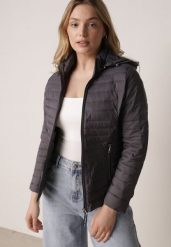 Szara Pikowana Kurtka Przejściowa z Kapturem z Lamówką i Ściągaczami Zidara. Szare kurtki damskie Born2be, l, bez wzorów, z dresówki, z kapturem. Za 84.99 zł.