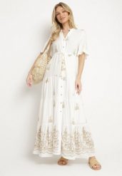 Biała Wiskozowa Sukienka Boho o Rozkloszowanym Kroju z Haftem i Wiązaniem Lilvanis. Białe sukienki damskie Born2be, bez wzorów, z jeansu, boho, bez ramiączek. Za 189.99 zł.
