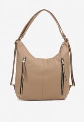 Ciemnobeżowa Torebka Hobo z Regulowanym Paskiem i Kieszeniami z Ozdobnymi Suwakami Sanirael. Brązowe shopper bag Renee, z jeansu, bez dodatków. Za 99.99 zł.