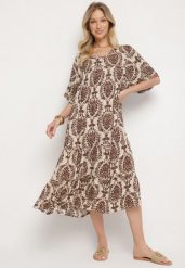 Brązowa Sukienka z Bawełną w Abstrakcyjny Wzór Filindela. Brązowe sukienki damskie Born2be, z aplikacjami, z bawełny, eleganckie, bez ramiączek. W wyprzedaży za 50.99 zł.