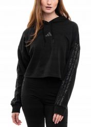 Bluza damska adidas Essentials 3 Stripes Print French Terry Hoodie. Czarne bluzy damskie Adidas, uniwersalny, bez wzorów, z bawełny, z kapturem. Za 229.99 zł.