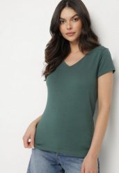 Ciemnozielony T-shirt z Bawełny o Prostym Kroju z Dekoltem w Serek Fevireena. Zielone t-shirty damskie Born2be, l, bez wzorów, z bawełny, bez kołnierzyka. Za 39.99 zł.