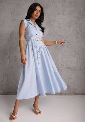 Niebieska Bawełniano-Wiskozowa Sukienka Koszulowa Bez Rękawów z Paskiem Athithoe. Niebieskie sukienki damskie Renee, bez wzorów, z bawełny, bez ramiączek. Za 159.99 zł.