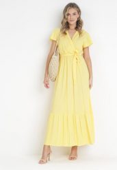 Żółta Sukienka Diomeira. Żółte sukienki damskie Born2be, bez wzorów, z tkaniny, eleganckie, bez ramiączek. Za 109.99 zł.