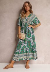 Zielona Wiskozowa Sukienka Maxi z Gumką w Pasie i Falbanką Cophine. Zielone sukienki damskie Renee, bez wzorów, z wiskozy, bez ramiączek. W wyprzedaży za 75.99 zł.