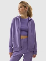 4F Bluza dresowa rozpinana z kapturem damska - fioletowa M. Fioletowe kardigany damskie 4F, l, bez wzorów, z bawełny. W wyprzedaży za 79.99 zł.
