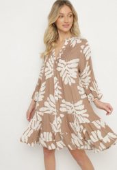 Ciemnobeżowa Wiskozowa Sukienka Koszulowa Ozdobiona Falbankami w Liście Edivonia. Brązowe sukienki damskie Born2be, bez wzorów, z jeansu, bez ramiączek. Za 159.99 zł.